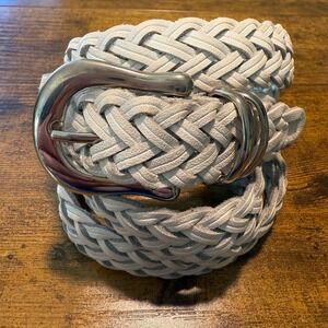 White Leather Braided Woven Belt Women's XL 28 Silver Buckle 28"-38"‎ Boho Retro